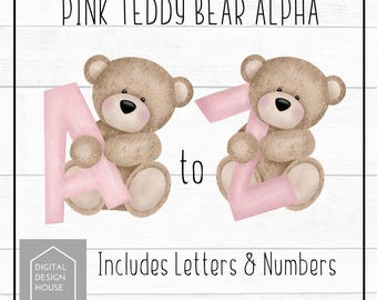 Pink Teddy Bear Alphabet PNG Bundle – Hand Drawn Baby Alphabet Set – A–Z Sublimation Design Set – Sublimation Designs – ABC Letters PNG