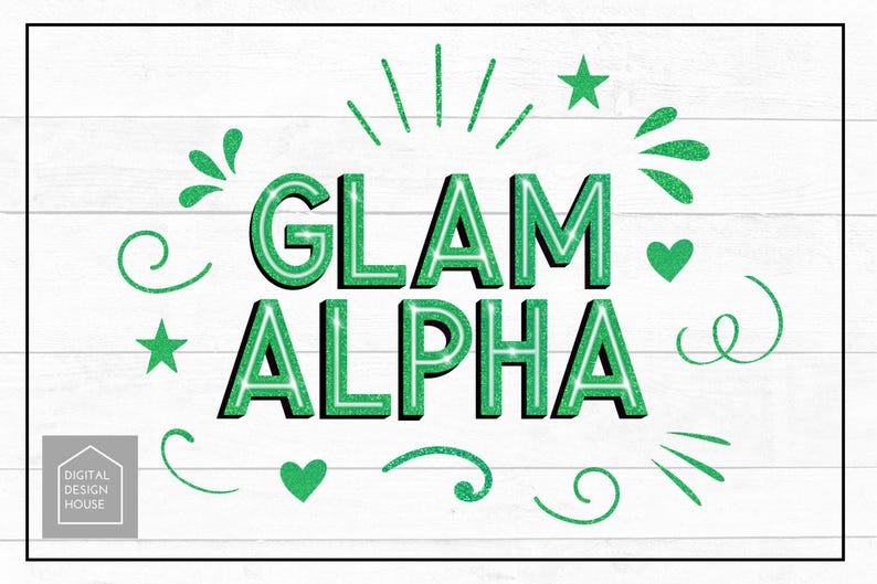 GREEN Glitter GLAM ALPHA Letters A to Z, Numbers and Flourishes for