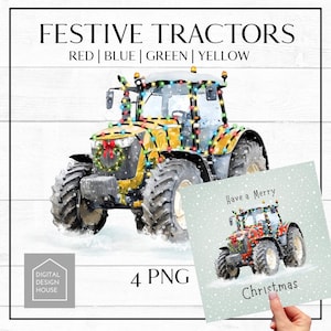 Puede incluir: Ilustración en acuarela de un tractor amarillo decorado con luces navideñas y una corona. La imagen incluye una tarjeta más pequeña con un tractor rojo y el texto "Have a Merry Christmas". El texto "Festive Tractors" está en la parte superior.
