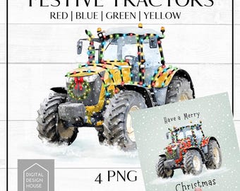 Christmas Tractor PNG Set: Festive Red, Green, Blue, Yellow (Digital Download)