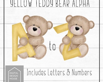 Yellow Teddy Bear Alphabet PNG Bundle – Hand Drawn Baby Alphabet Set – A–Z Sublimation Design Set – Sublimation Designs – ABC Letters PNG