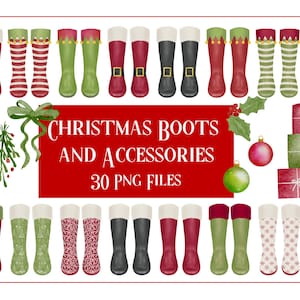 Christmas Boots - Wellies / Wellington / Rubber / Rain / Garden  Boots Watercolour Clipart  - 300 DPI PNG Files -  Instant Digital Download