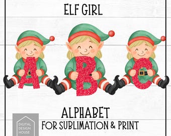 Girl Elf Alphabet PNG: Red Glitter Letters, Sublimation & Print (Digital Download)