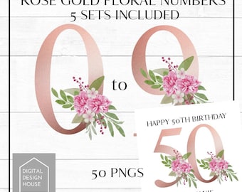 Rose Gold Floral Numbers PNG Bundle | 0–9 Sublimation Design Set | 50 PNG Files | Birthday Numbers Clipart | Floral Number Graphics