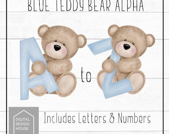 Blue Teddy Bear Alphabet PNG Bundle – Hand Drawn Baby Alphabet Set – A–Z Sublimation Design Set – Sublimation Designs – ABC Letters PNG