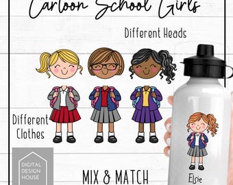 Cartoon School Girl PNG Bundle | Mix & Match Character Creator | Back to School Clipart | Sublimation and Print Design