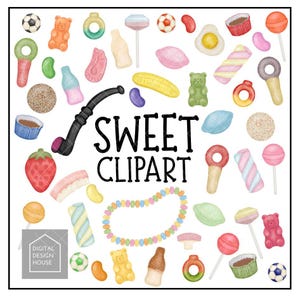 Könnte beinhalten: Eine farbenfrohe Aquarellillustration mit einer Auswahl an Süßigkeiten und Bonbons, darunter Lutscher, Gummibärchen und eine Süßigkeitenkette. Der Schriftzug "SWEET CLIPART" ist in schwarzer Schrift geschrieben. Ein Fußball und eine Pfeife sind ebenfalls enthalten.
