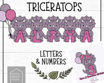Cute TRICERATOPS DINOSAUR Alphabet Set Includes Letters & Numbers PNGS Instant Download for Sublimation and Print