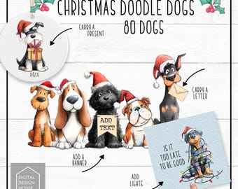 CHRISTMAS DOODLE DOGS - A collection of 80 Dogs wearing Santa Hats Pngs Instant Download for Sublimation and Print