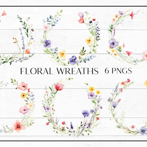 May include: Six watercolor floral wreaths with a white background. The wreaths are made of various flowers in shades of pink, purple, yellow, and green. The text "FLORAL WREATHS 6 PNGS" is written in black at the top of the image.