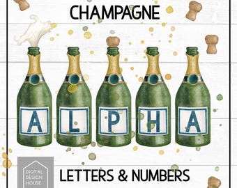 Champagne Bottle Alphabet Clipart: A-Z, Numbers, Cork Spray (PNG Digital Download)