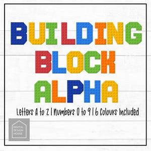 May include: Building Block Alpha, a colorful alphabet and number set in the style of LEGO bricks. Letters A to Z and numbers 0 to 9 are included in 16 colors.