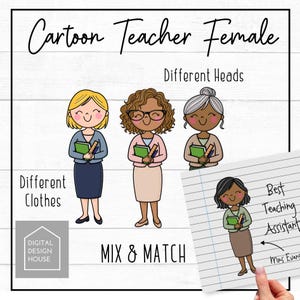 Puede incluir: Ilustración digital con personajes de profesores de dibujos animados con diferentes peinados y atuendos. La imagen incluye el texto "Cartoon Teacher Female", "Different Heads", "Different Clothes" y "Mix & Match".
