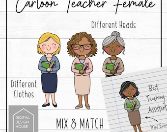 FEMALE Cartoon Teacher PNG Bundle – Mix & Match Female Teacher Clipart – Custom Teacher Gift Design – Sublimation PNG – Commercial Use