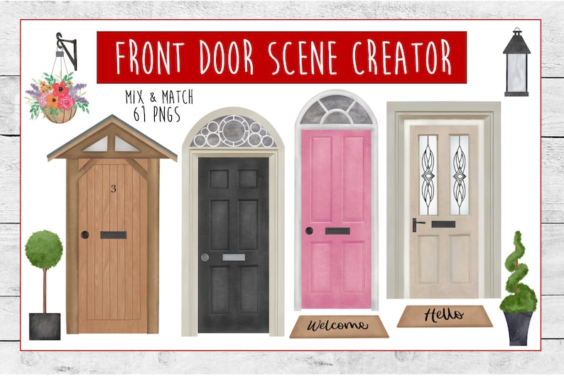 K&ouml;nnte beinhalten: Ein Satz digitaler Illustrationen mit verschiedenen Designs f&uuml;r Haust&uuml;ren, darunter eine Holzt&uuml;r mit Veranda, eine schwarze T&uuml;r mit Glasfenster, eine rosafarbene T&uuml;r mit Willkommensmatte und eine beige T&uuml;r mit einer &bdquo;Hallo&ldquo;-Matte. Die Illustrationen eignen sich perfekt zum Erstellen von individuellen Szenen.