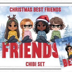 CHIBI FEMALE Best Friends Female Doll Builder Christmas Set PNGS suitable for Sublimation and Print