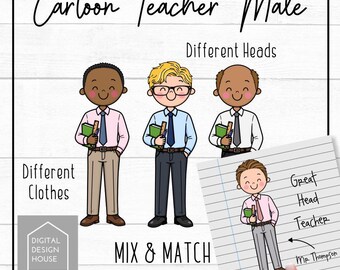 MALE Cartoon Teacher PNG Bundle – Mix & Match Male Teacher Clipart – Custom Teacher Gift Design – Sublimation PNG – Commercial Use