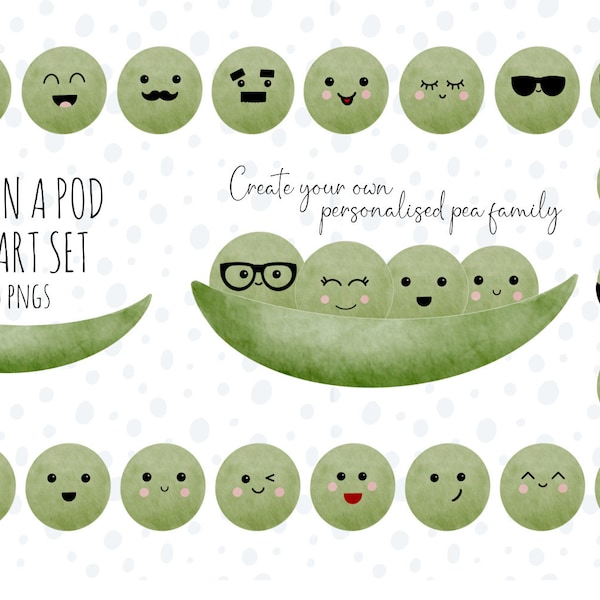 Peas in a Pod Family Clipart Set - With 19 Pea Faces - Create Personalised  Family Prints - 300 DPI PNG Files -  Instant Digital Download