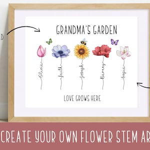 May include: A printable art print with a floral design. The print features a title "Grandma's Garden" and the text "Love Grows Here". The print includes five flowers with names written below each flower: Olivia, Faith, Joseph, Barney, and Sophia. The print is framed in a light wood frame.