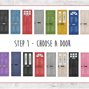 K&ouml;nnte beinhalten: Eine Sammlung von 20 verschiedenen T&uuml;rdesigns, jedes mit einem einzigartigen Stil und einer einzigartigen Farbe. Die T&uuml;ren sind in zwei Reihen zu je zehn angeordnet, mit dem Text "STEP 1 - CHOOSE A DOOR" in der Mitte. Dieses Bild ist perfekt f&uuml;r ein Bastelprojekt oder eine Inspiration f&uuml;r die Inneneinrichtung.