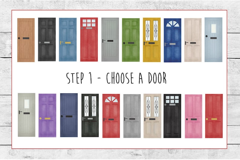 K&ouml;nnte beinhalten: Eine Sammlung von 20 verschiedenen T&uuml;rdesigns, jedes mit einem einzigartigen Stil und einer einzigartigen Farbe. Die T&uuml;ren sind in zwei Reihen zu je zehn angeordnet, mit dem Text "STEP 1 - CHOOSE A DOOR" in der Mitte. Dieses Bild ist perfekt f&uuml;r ein Bastelprojekt oder eine Inspiration f&uuml;r die Inneneinrichtung.