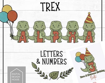 Cute TREX DINOSAUR Alphabet Set Includes Letters & Numbers PNGS Instant Download for Sublimation and Print