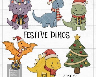 Christmas Dinosaur Clipart Set: Festive PNGs (Digital Download)