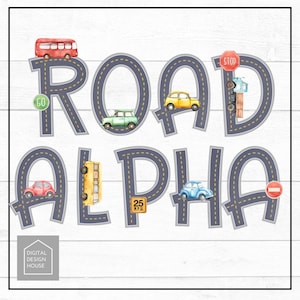 ALFABETO DE CARRETERAS Incluye letras de la A a la Z y números y un lindo gráfico de automóvil / Descarga instantánea para sublimación e impresión