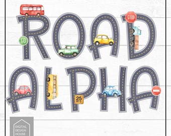 May include: A colorful alphabet design with the word "ROAD ALPHA" in large, gray letters. Each letter is outlined in black and has a road design inside.  Cars, buses, and road signs are placed on the roads within each letter.