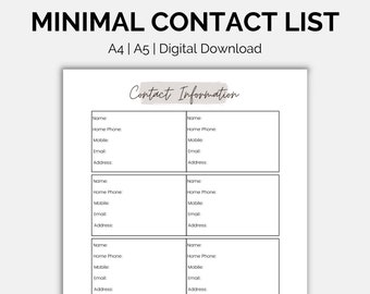 Printable Digital Contact List, Print at home planner pages, Instant Download, Planner templates, Organizer, A4 and A5