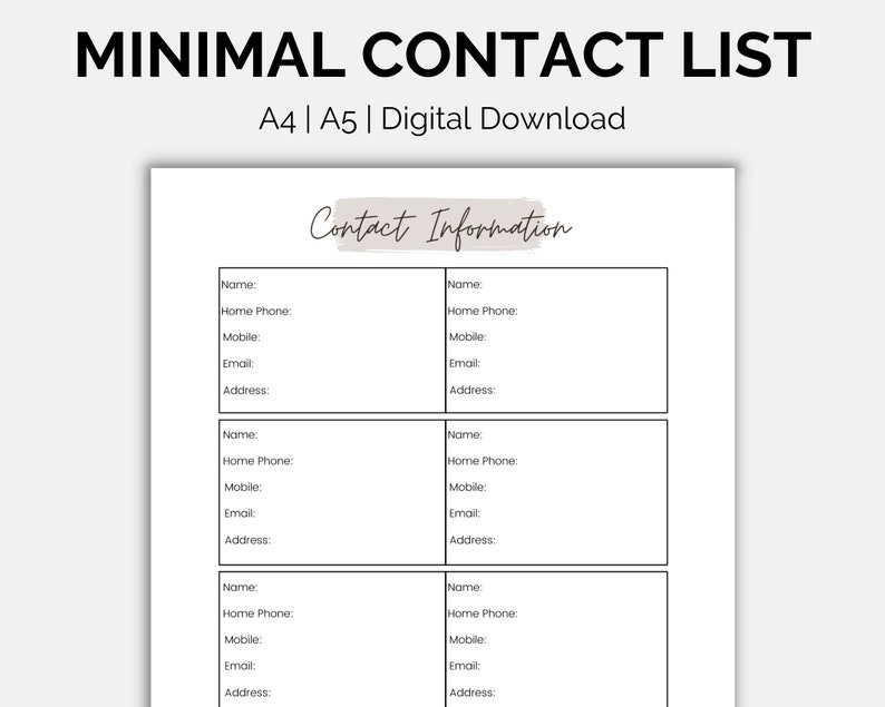 Printable Digital Contact List, Print at Home Planner Pages, Instant ...