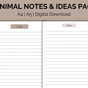May include: A printable digital download of a notes and ideas page. The page is divided into two sections, one labeled "notes" and the other labeled "ideas". Both sections have lined paper.