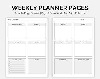 Minimal Weekly Planner 2021, Printable Weekly Agenda Template, Week on 2 pages inserts, A4, A5, Letter, Happy Planner, Stationary