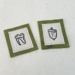 May include: Two small, square patches. One features a black tooth illustration on a white background, framed by a green border. The other patch displays a black acorn illustration on a white background, also framed by a green border. Both patches are on a white surface.
