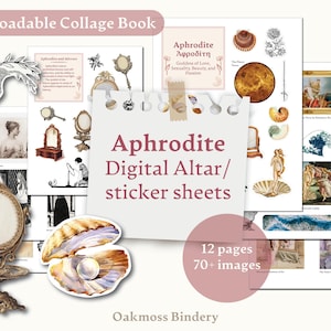 Puede incluir: Hojas de pegatinas digitales con temática de Afrodita, con imágenes de espejos, conchas y arte clásico. Las hojas incluyen el texto "Aphrodite Digital Altar/ sticker sheets" y "12 pages 70+ images".