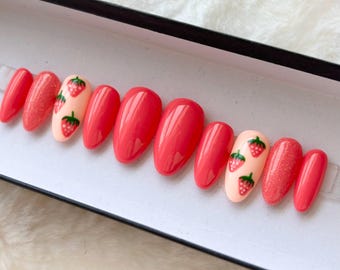 Pink Hand Painted Strawberry Press on Nails with Glitter Accent