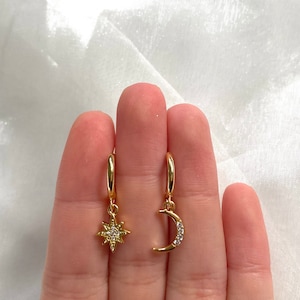 14K Gold Asymmetrical Star & Moon Huggie Hoop Earrings