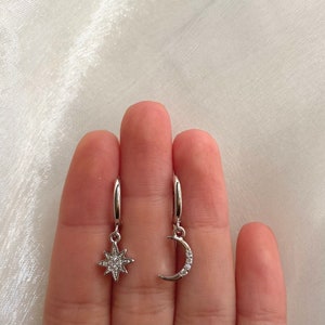 Sterling Silver Asymmetrical Star & Moon Huggie Hoop Earrings