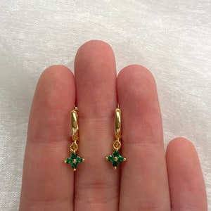 14K Gold Green Cubic Zirconia Flower Huggie Hoop Earrings
