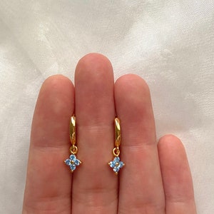 14K Gold Blue Flower Cubic Zirconia Huggie Hoop earrings