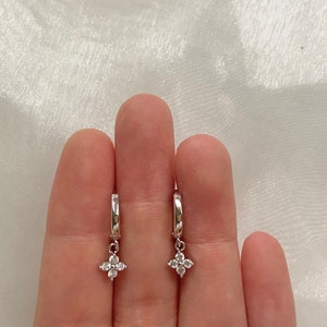 Sterling Silver Flower Cubic Zirconia Huggie Hoop Earrings