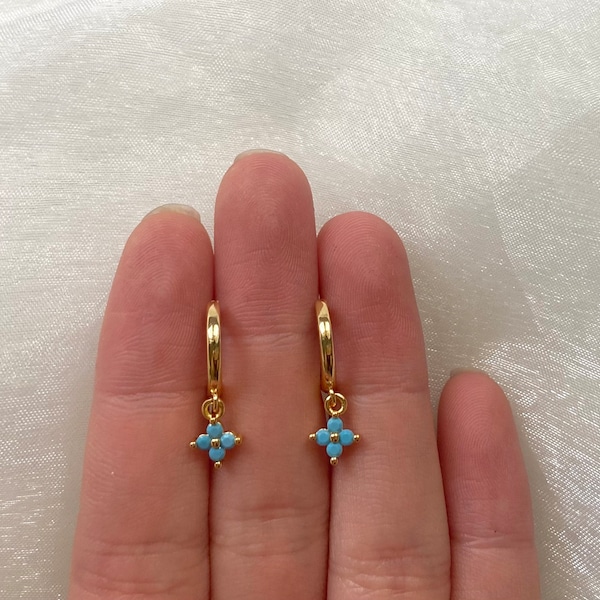 14K Gold Turquoise Flower Huggie Hoop Earrings