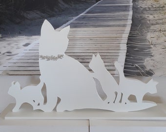 Katzenfamilie, Katze mit Jungen, weiß, aus Holz, Fensterdekoration