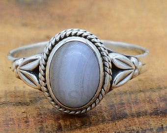 Blue Lace Agate Ring: Handmade 925 Sterling Silver Oval Gemstone