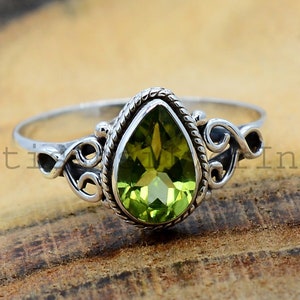 Pear Peridot Ring: Sterling Silver Green Gemstone, August Birthstone