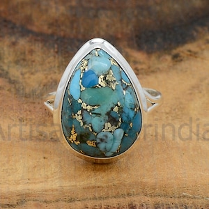Blue Copper Turquoise Sterling Silver Ring - Pear Boho Statement Ring