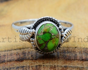 Bague En Argent 925 Sertie D'une Turquoise Naturelle Ovale - Style Art Nouveau - Taille 8.5 - Sur Mesure Possible - Neuve