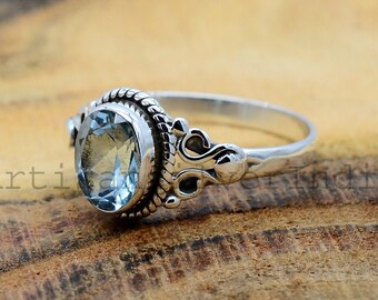 Handmade Swiss Blue Topaz Ring: 925 Sterling Silver Boho Jewelry