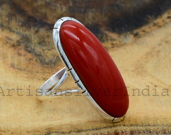 Red coral gemstone ring,925 sterling silver,vintage rings,gift for her,silver design ring,midi ring,personalized gift,boho ring,wedding gift