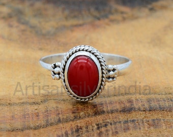 Red Coral Ring: Oval Gemstone, 925 Sterling Silver - Etsy Canada